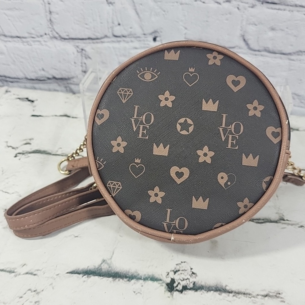 Claire's‎ Status Icons Crossbody Brown Faux Leather Vinyl Bag Rare Round 6"